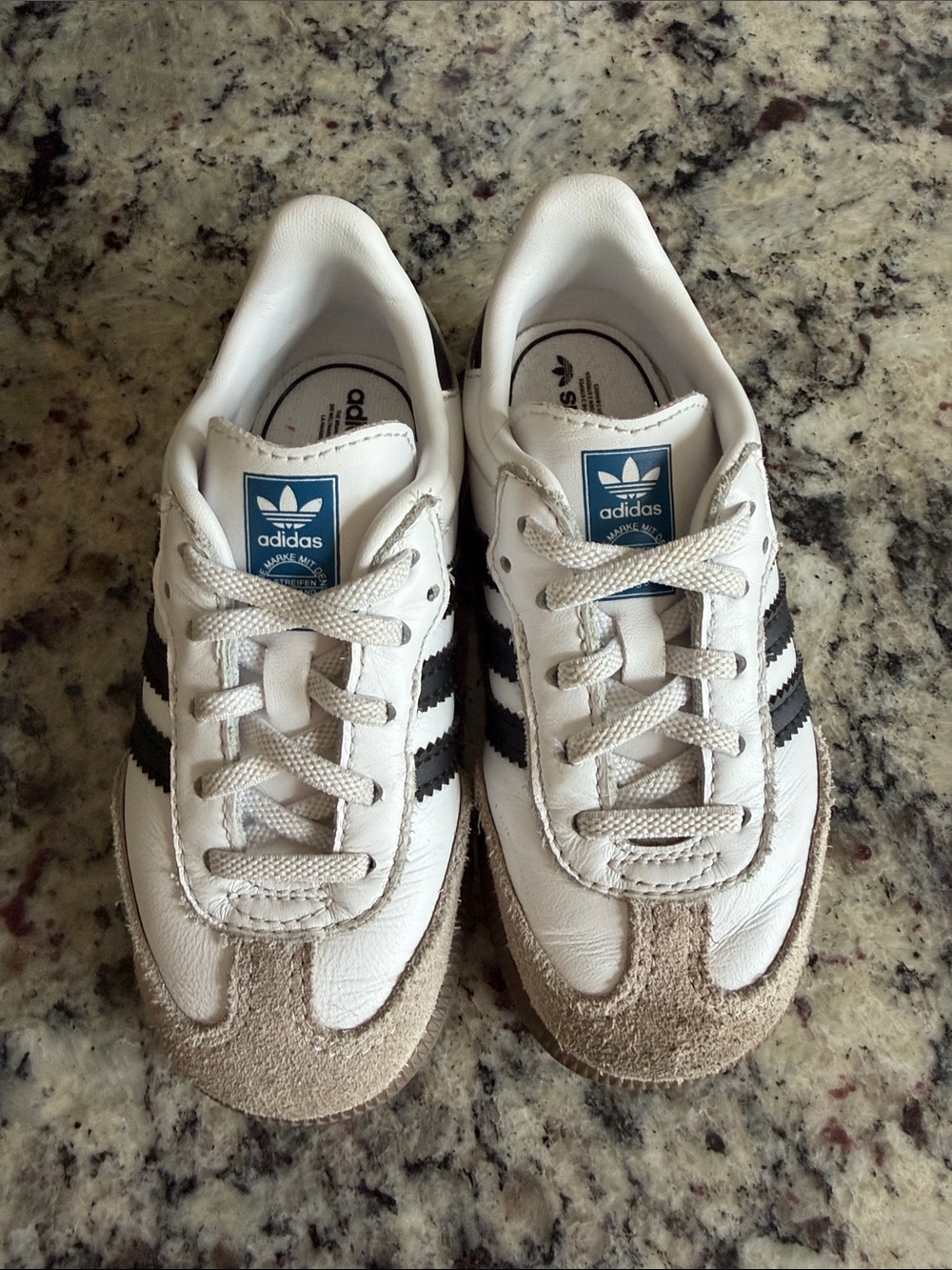 adidas Kids White Sneakers with Black Stripes and Tan Suede Accents